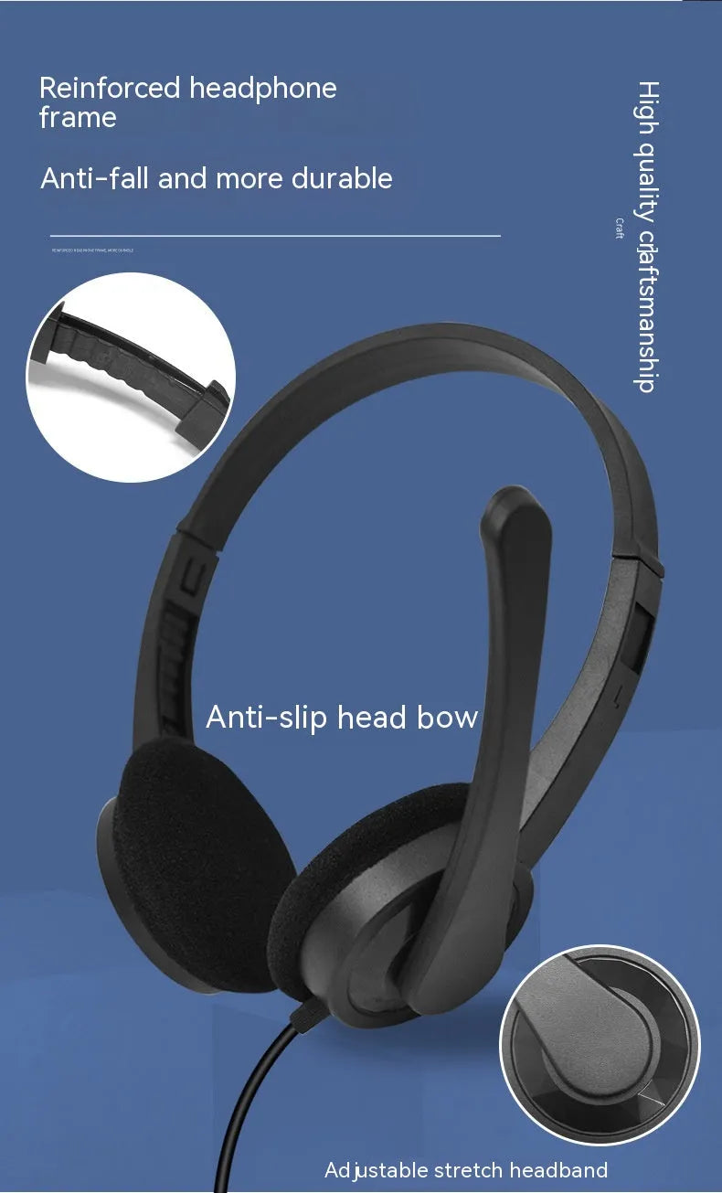 Black wired USB headset with sponge ear cushions and microphone for computer gaming and calls