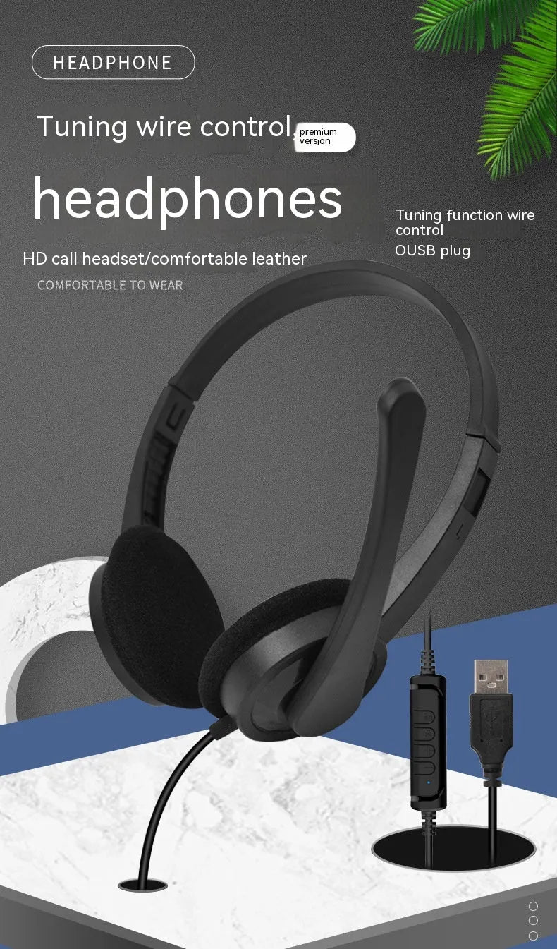 Black wired USB headset with sponge ear cushions and microphone for computer gaming and calls