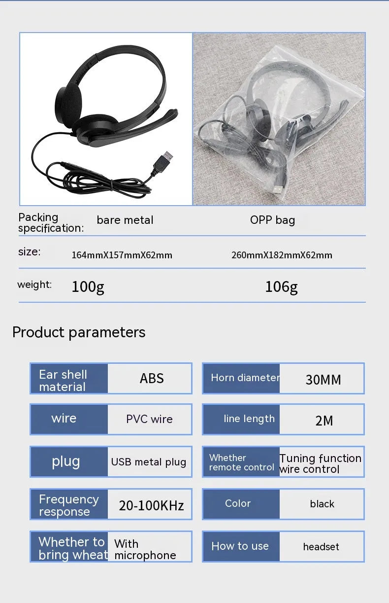Black wired USB headset with sponge ear cushions and microphone for computer gaming and calls