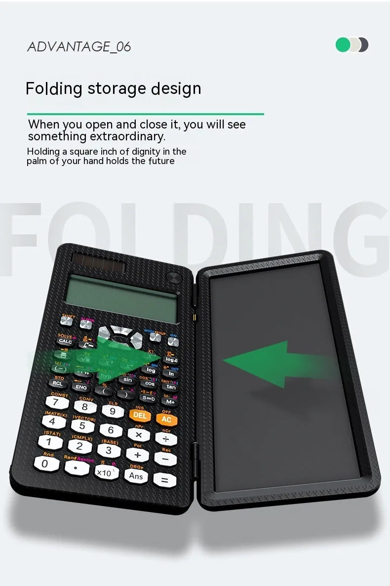 Black foldable 2-in-1 scientific calculator with handwriting tablet on blue LCD screen, ABS body, portable design