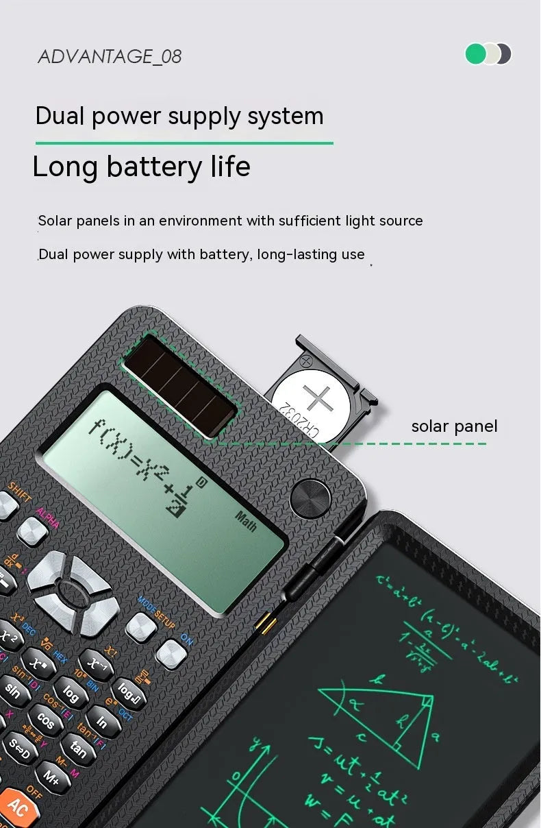 Black foldable 2-in-1 scientific calculator with handwriting tablet on blue LCD screen, ABS body, portable design