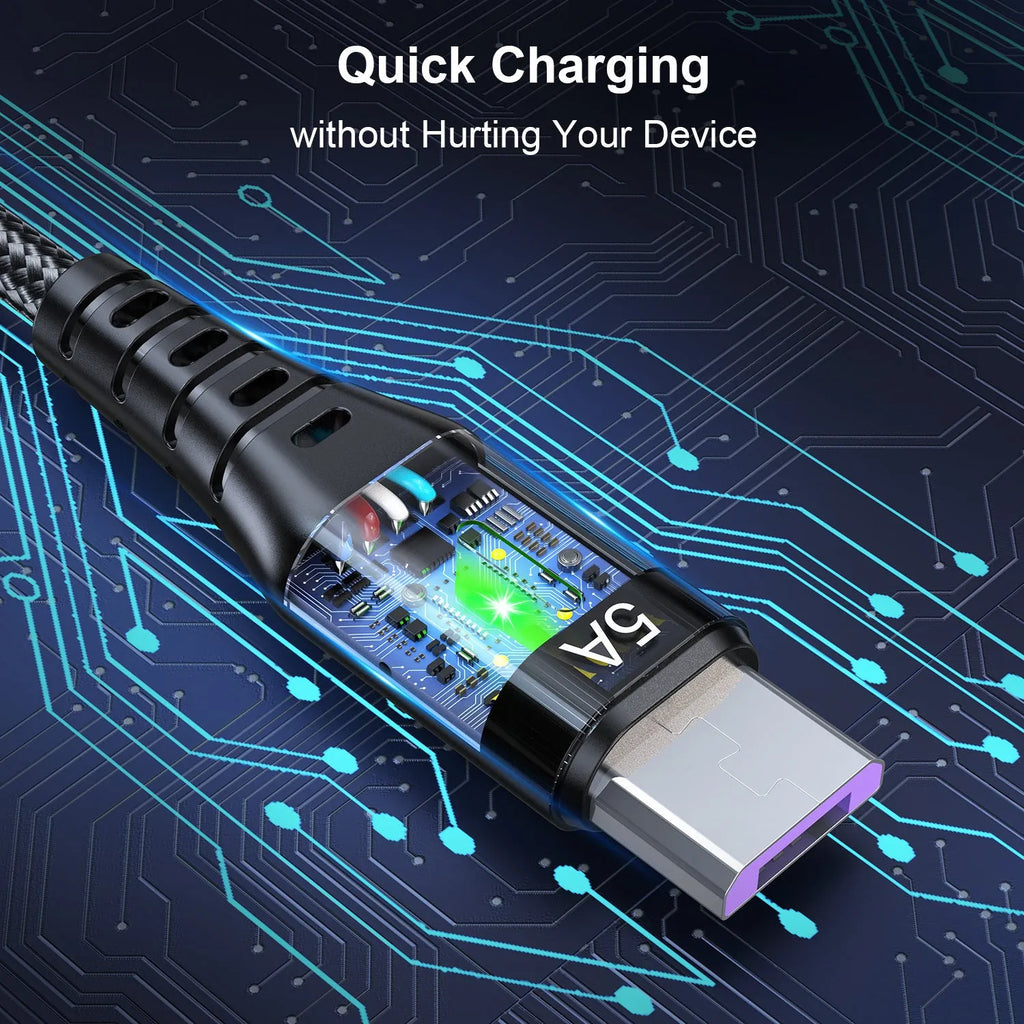 Braided data cable with green indicator light for Android Type-C devices in black blue purple red lengths 0.3m 1m 2m 3m