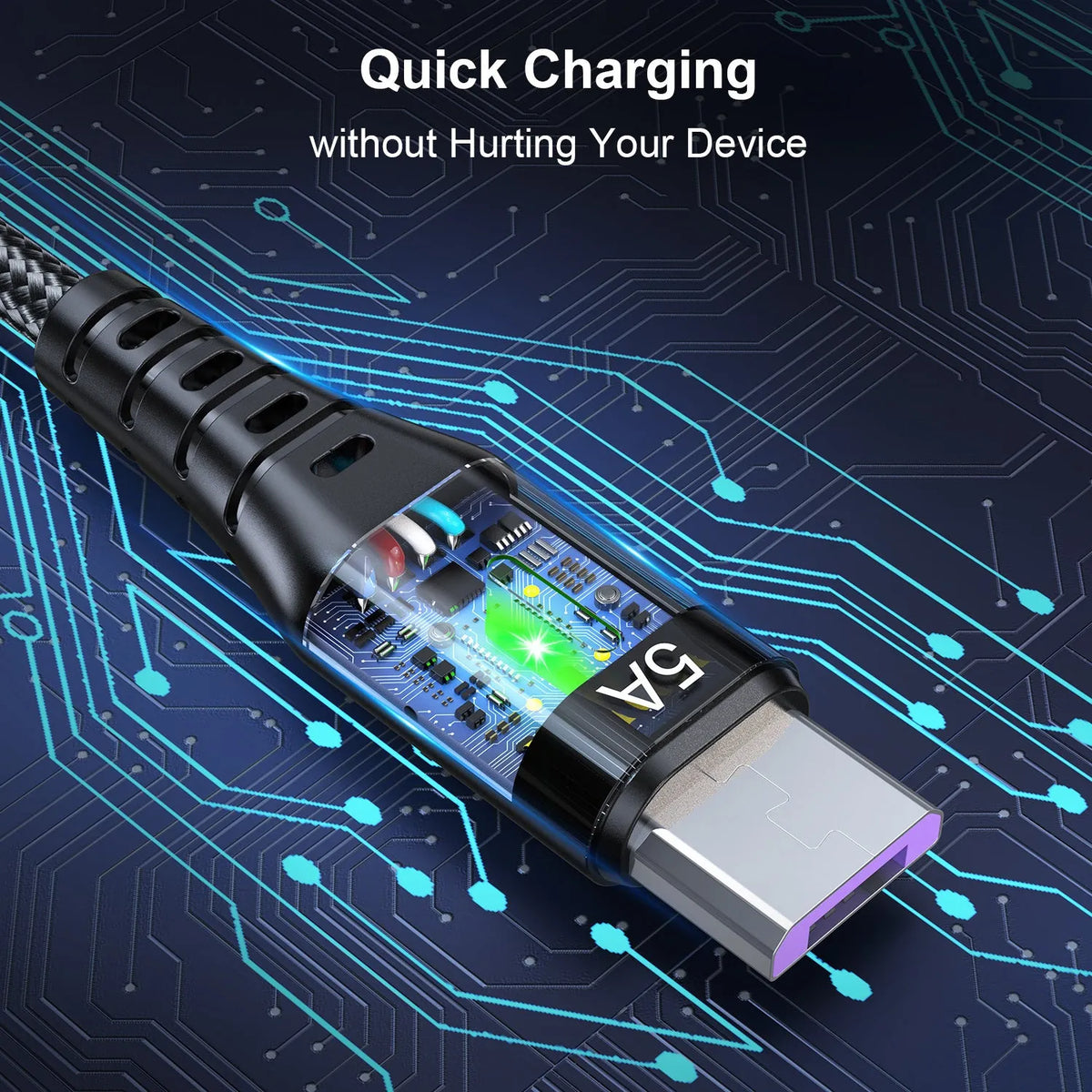 Braided data cable with green indicator light for Android Type-C devices in black blue purple red lengths 0.3m 1m 2m 3m