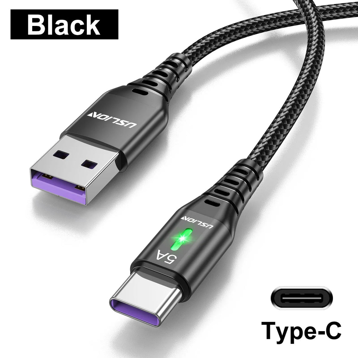 Braided data cable with green indicator light for Android Type-C devices in black blue purple red lengths 0.3m 1m 2m 3m