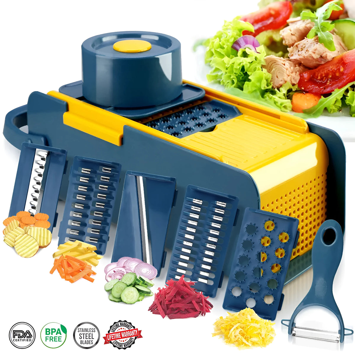 Hand-push vegetable grater with 4 stainless steel blades and hand guard on countertop