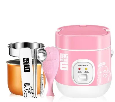 Compact round miniature rice cooker with steaming tray in blue, shown with non-stick liner and mechanical control panel.