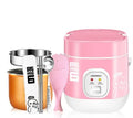 Compact round miniature rice cooker with steaming tray in blue, shown with non-stick liner and mechanical control panel.