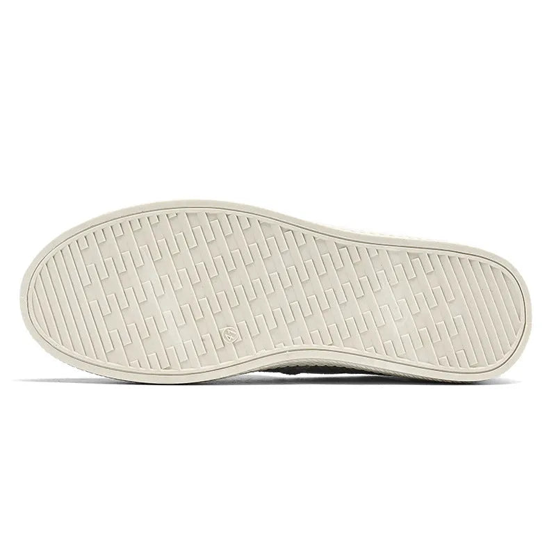 Men's beige linen cloth canvas shoes with round toe and visible stitching on PVC sole