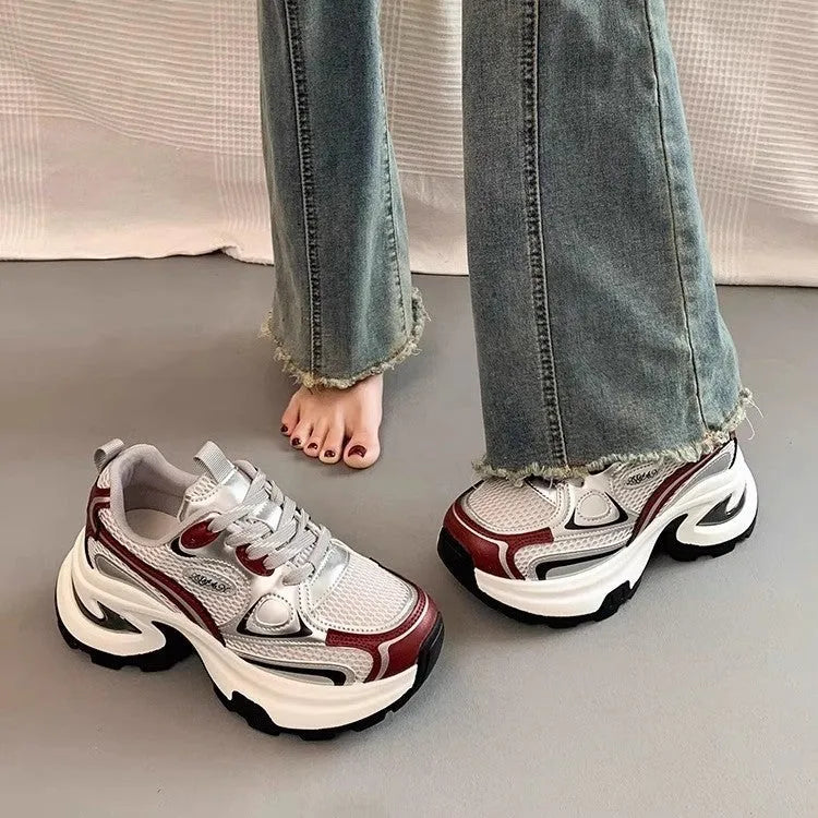 Women's silver platform sneakers with mesh lining and rubber sole