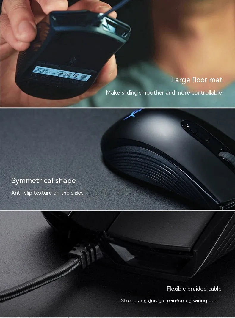 HyperX Pulsefire Core RGB wired gaming mouse in black and pink colours on a desk.