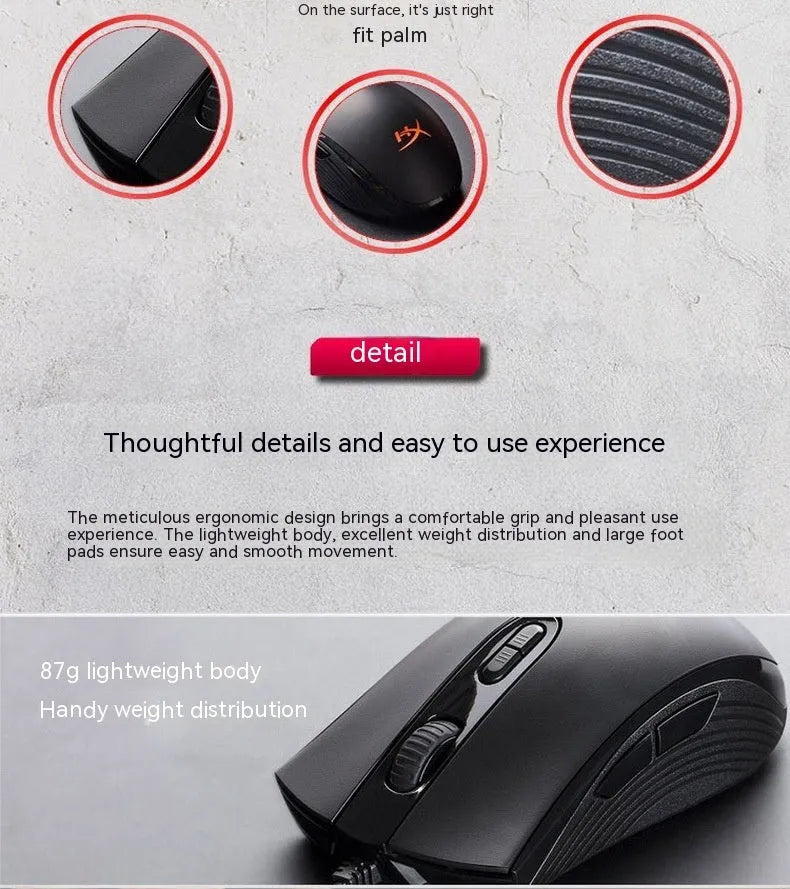 HyperX Pulsefire Core RGB wired gaming mouse in black and pink colours on a desk.