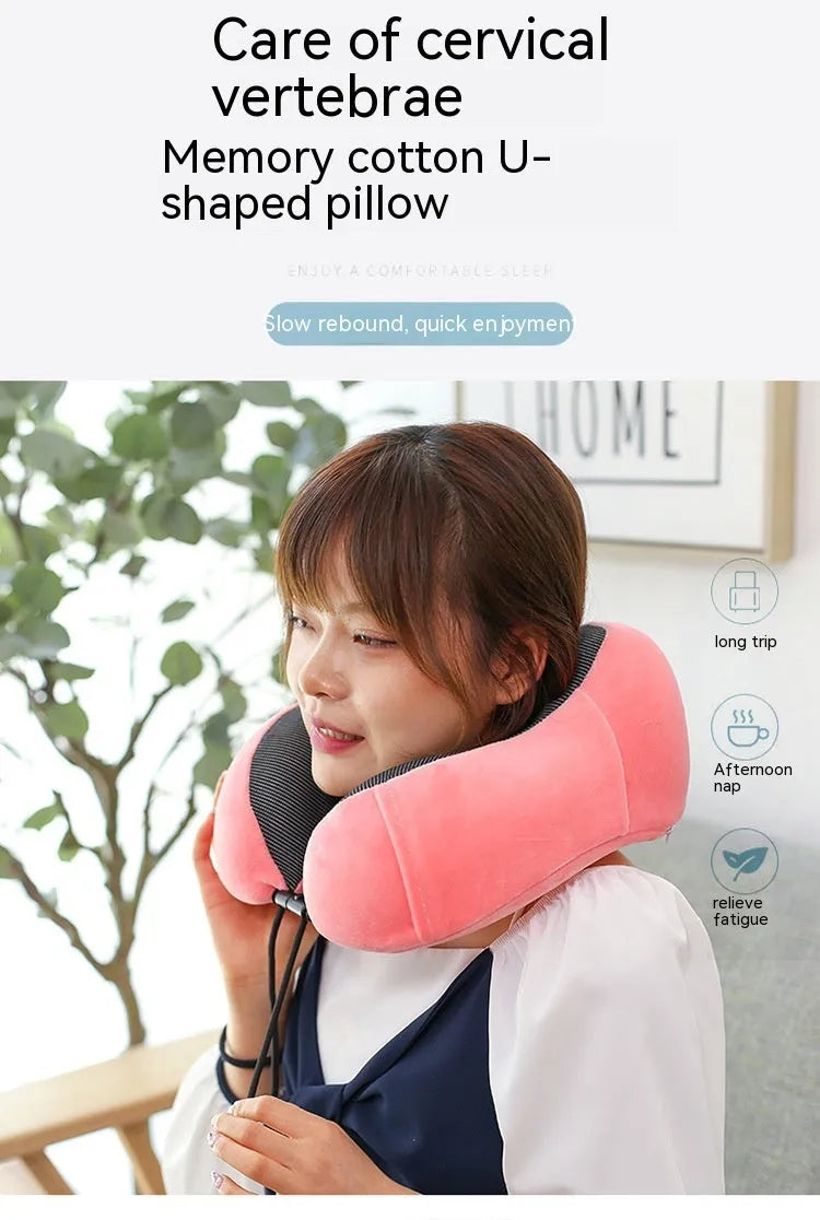 Memory foam U-shape travel neck pillow in light gray with magnetic closure, 30x25x15cm