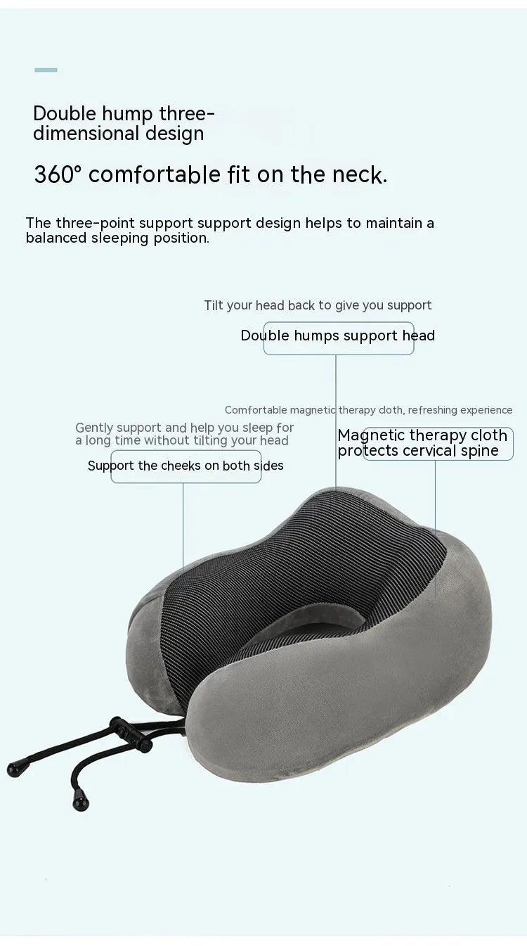 Memory foam U-shape travel neck pillow in light gray with magnetic closure, 30x25x15cm