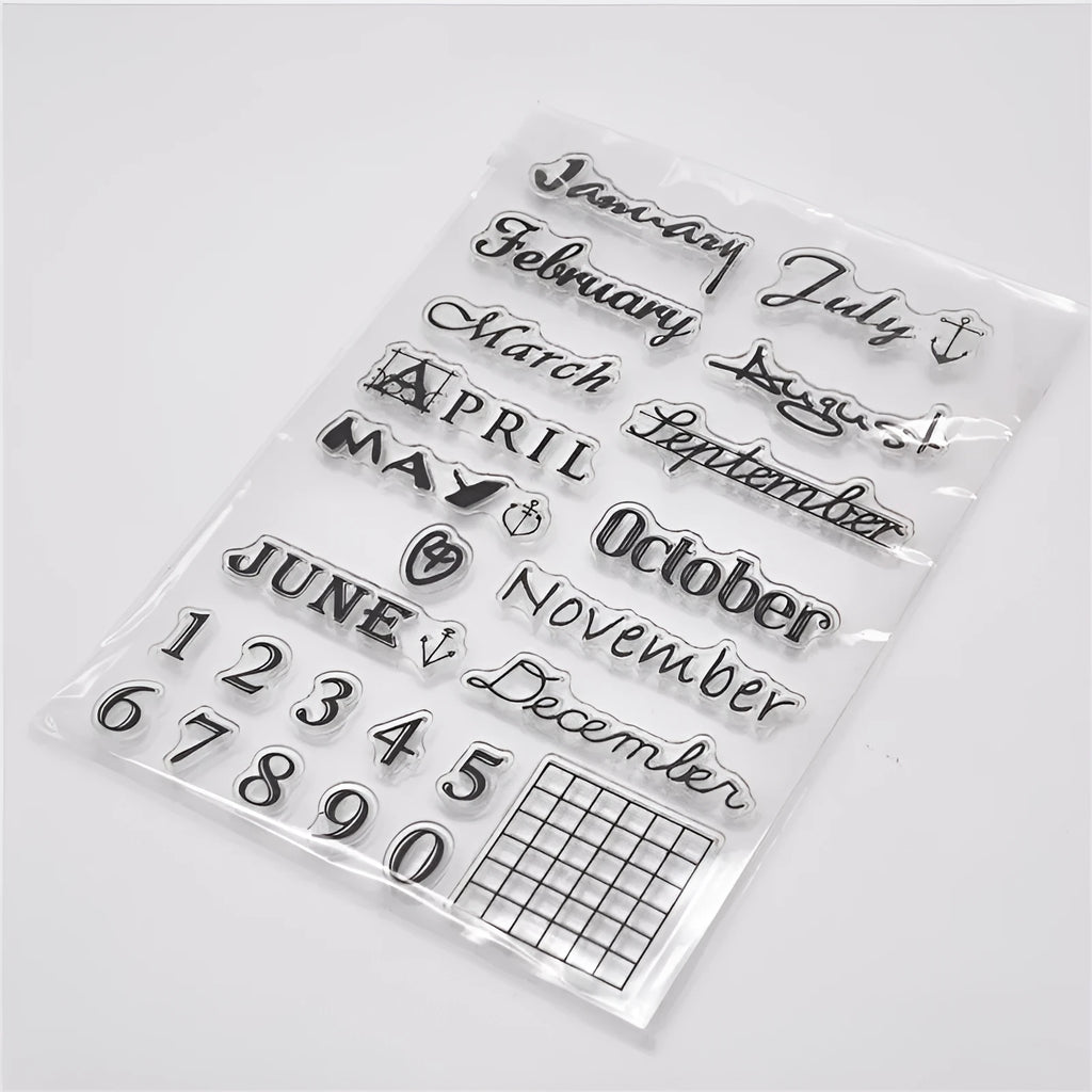 Transparent silicone vintage calendar stamp seal on a white background.