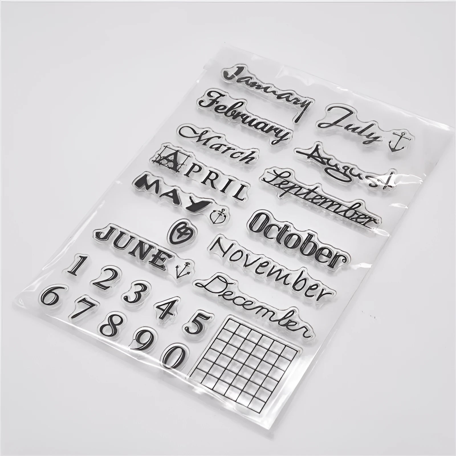 Transparent silicone vintage calendar stamp seal on a white background.