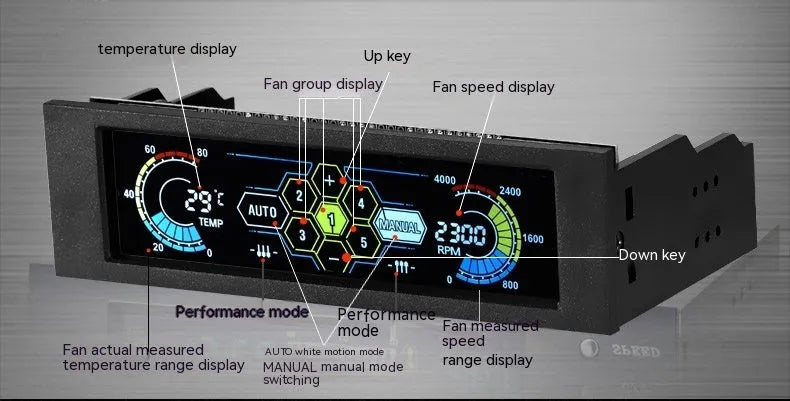 Black computer case temperature controller with 5.8-inch touch screen display for optical drive bay installation