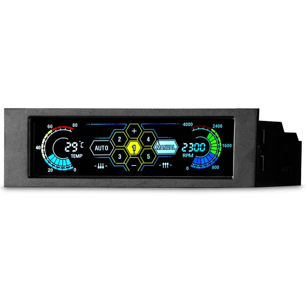 Black computer case temperature controller with 5.8-inch touch screen display for optical drive bay installation