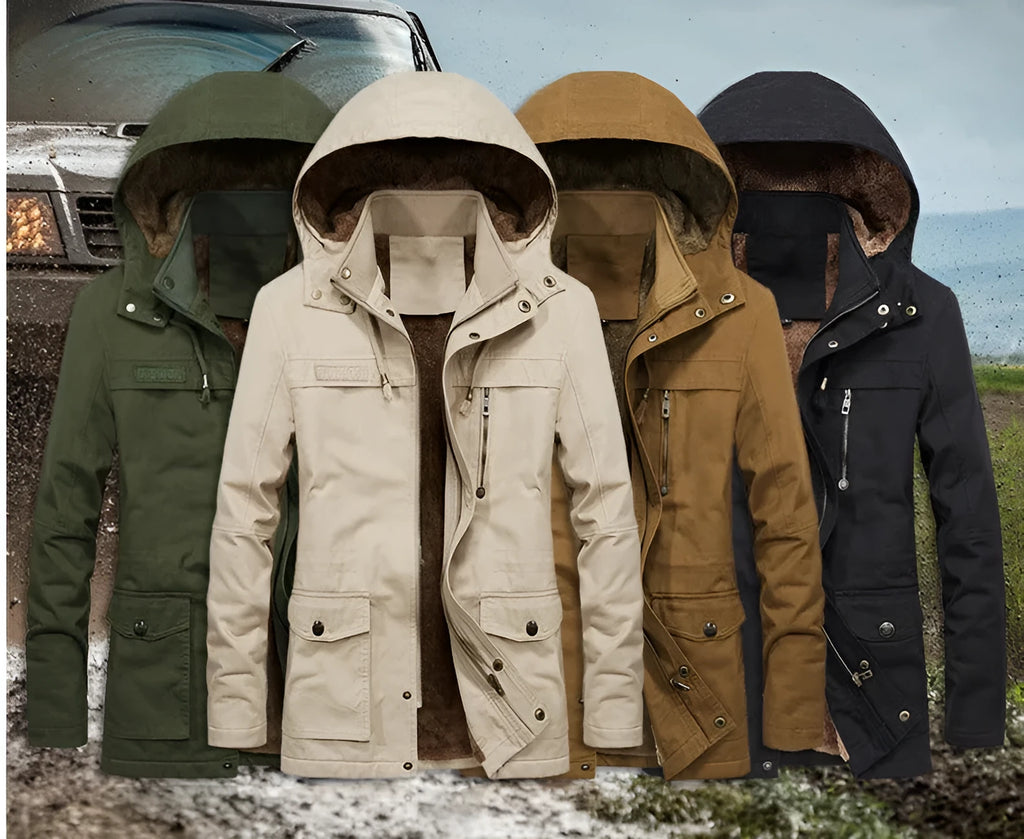 Men's thickened winter jacket in khaki with stand-up collar and zip front, loose fit casual style