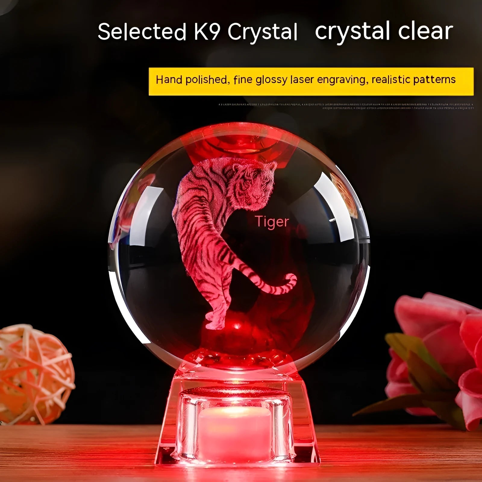 White crystal ball zodiac ornament with luminous electronic base showing Chinese animal designs