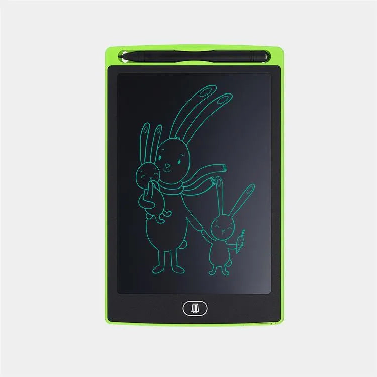 Children's electronic writing board with pressure-sensitive stylus in black, white, red or green colours