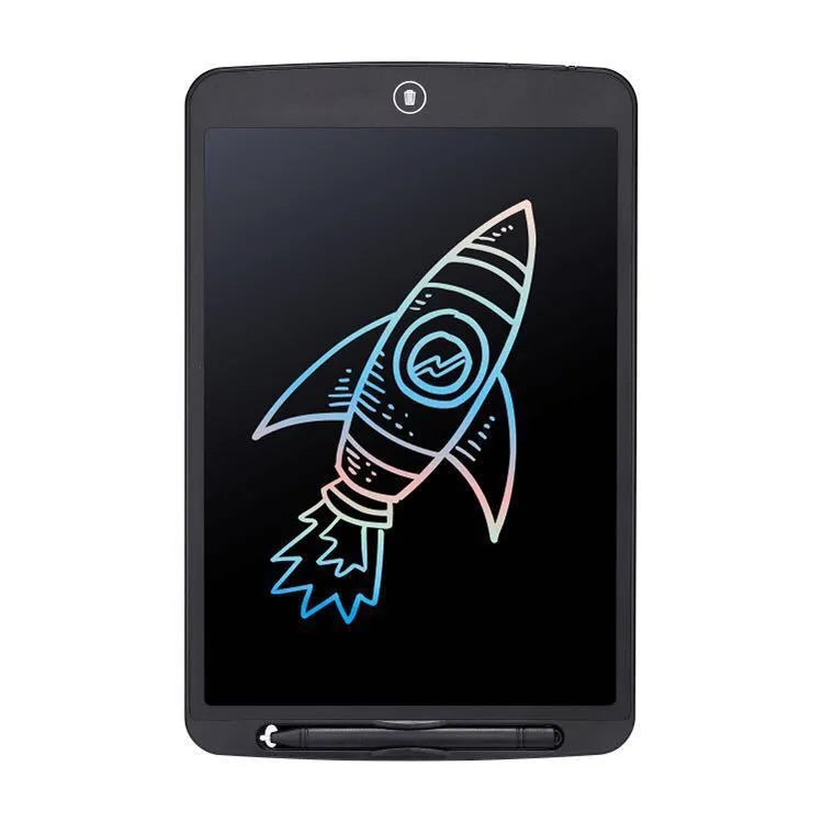 Children's electronic writing board with pressure-sensitive stylus in black, white, red or green colours