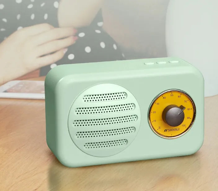 Portable Bluetooth speaker with FM radio in vintage green, pink or wood colour finish