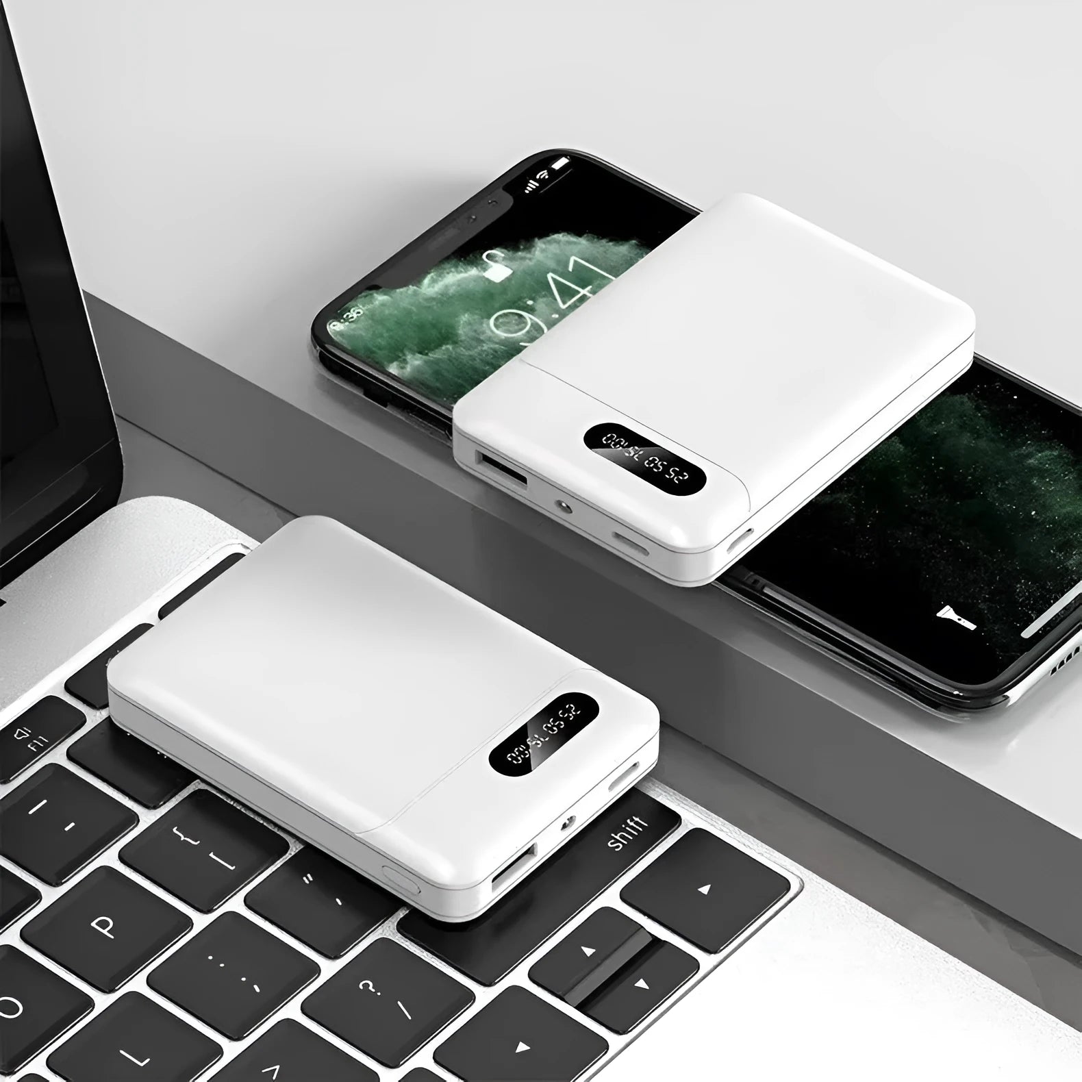 White portable power bank showing multiple USB ports and compact 92x63x23mm dimensions