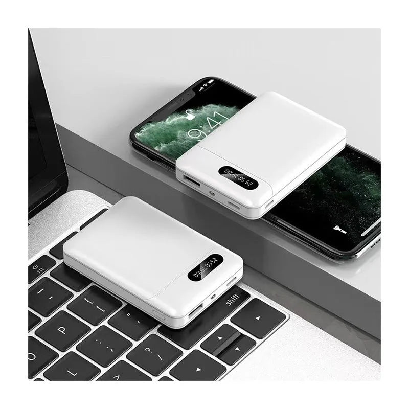 White portable power bank showing multiple USB ports and compact 92x63x23mm dimensions