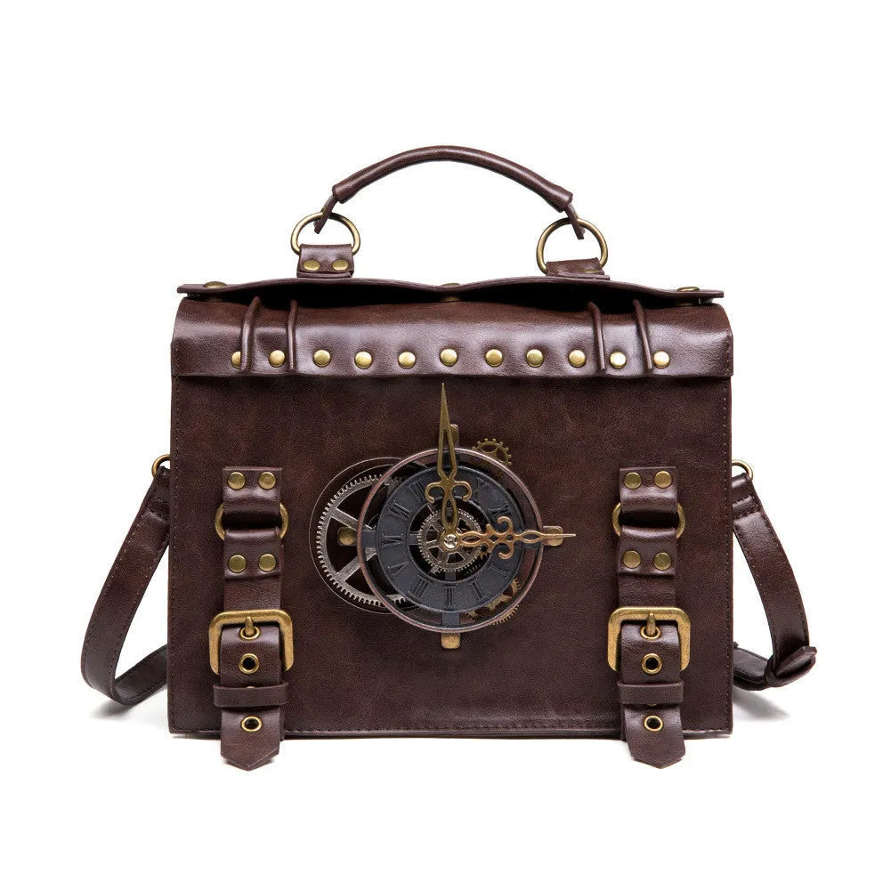 Bronze steampunk industrial retro style shoulder bag with horizontal pillow design and metal decorative elements