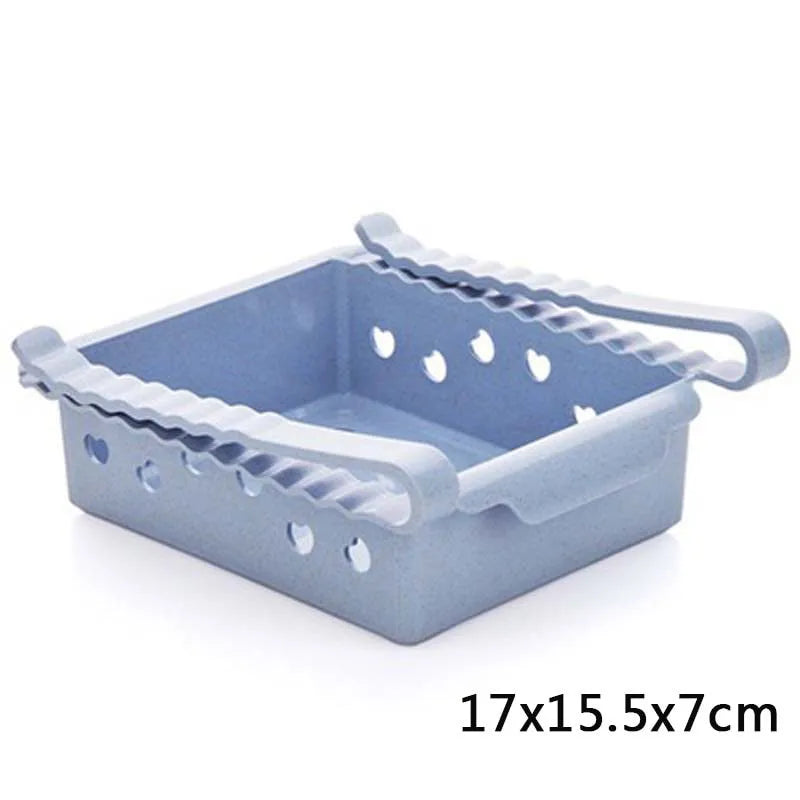 Hanging plastic refrigerator storage rack with drawer compartments and clapboard design for kitchen organisation