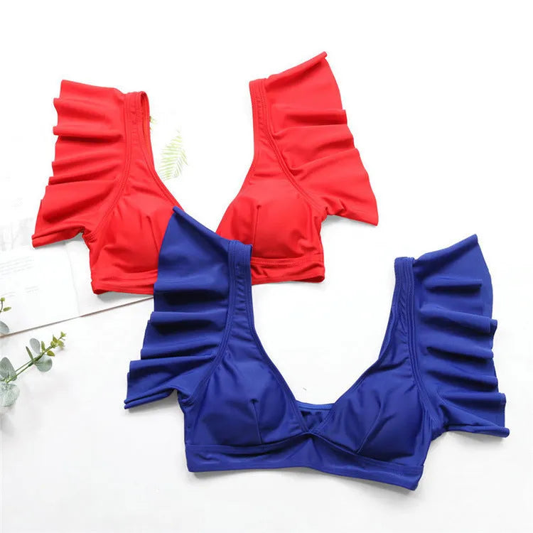 Women's two-piece swimsuit set in polyester, available in blue, red, and yellow colours