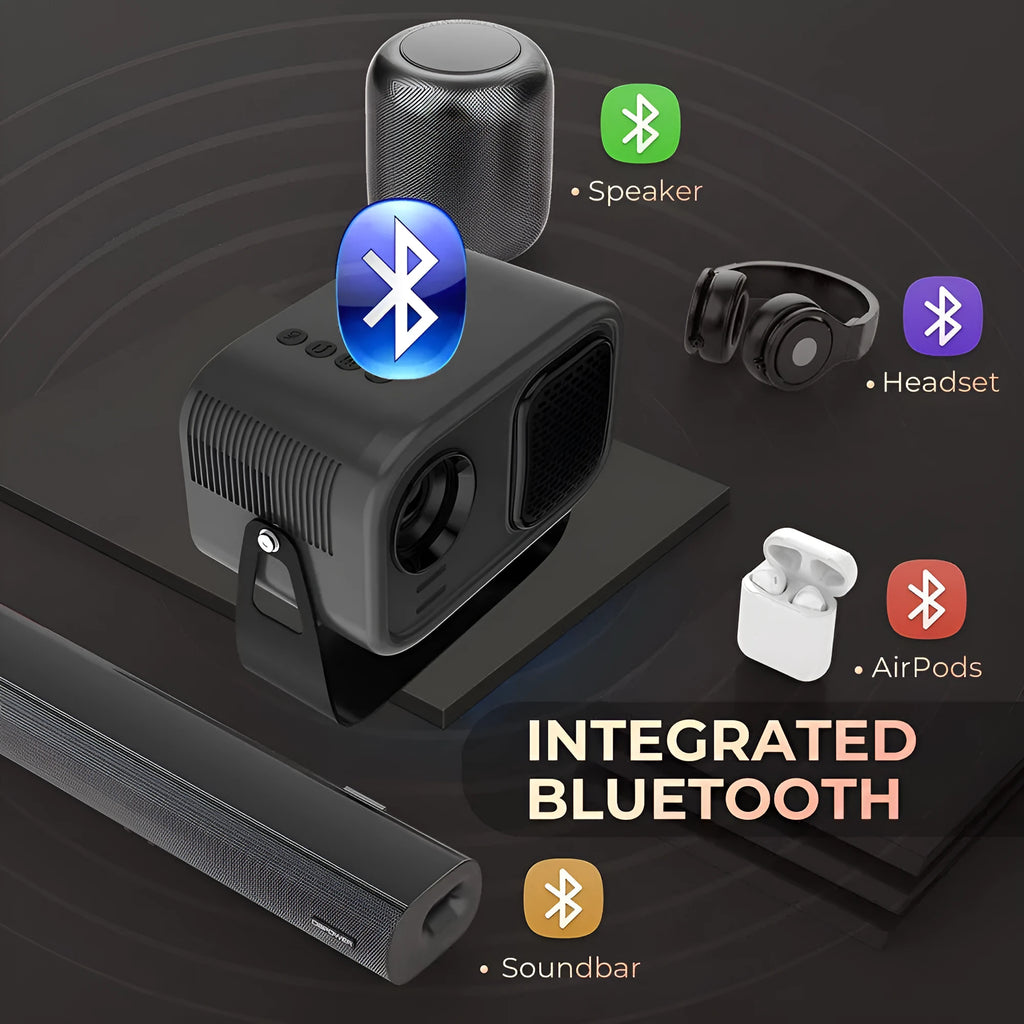 Black portable smart projector with 720p HD resolution and Android operating system