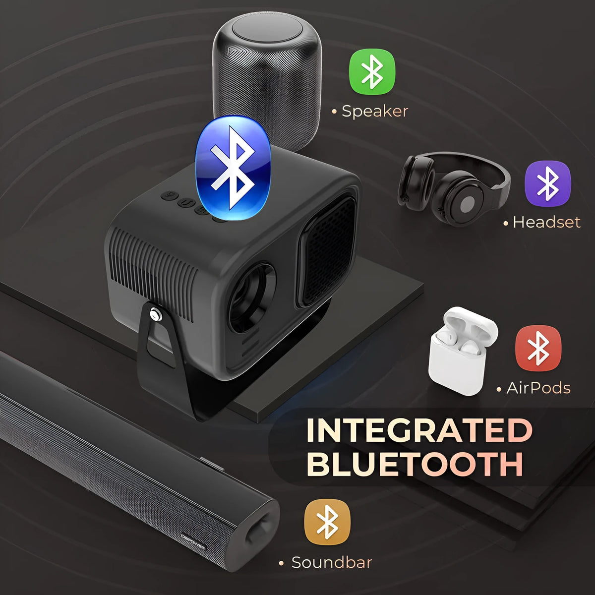 Black portable smart projector with 720p HD resolution and Android operating system