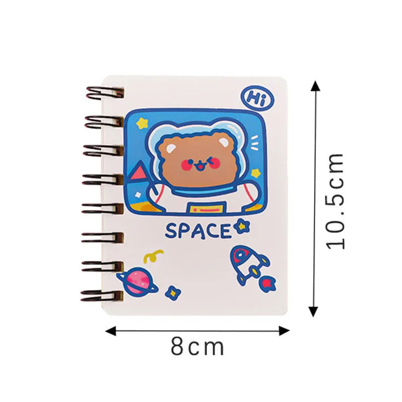 Astronaut series portable flipper notebook showing 10.5cm by 8cm size and optional cover designs.