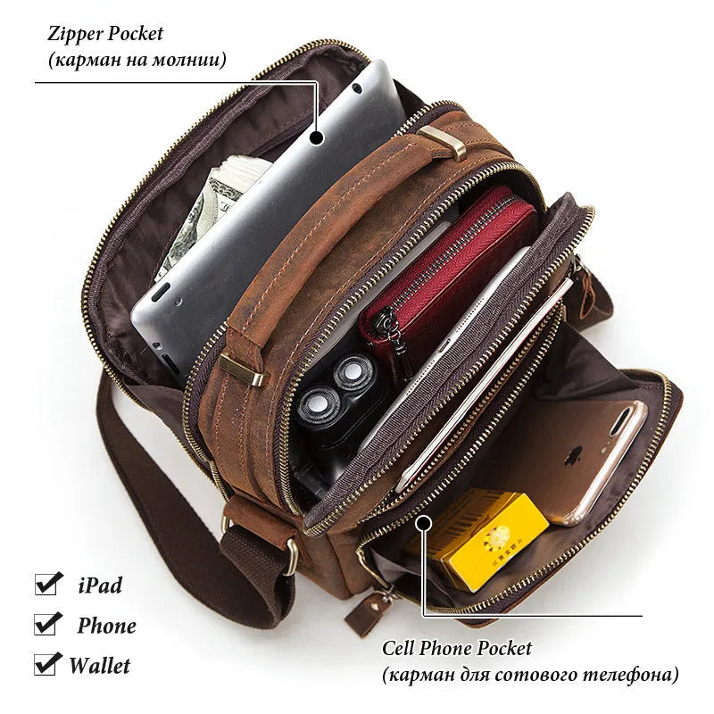 Men's brown genuine leather single-shoulder crossbody bag with visible stitching, shown on a model.