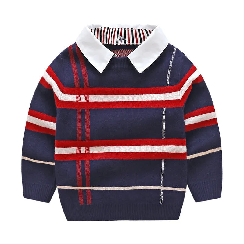 Boys plaid jacquard cotton sweater pullover in apricot with long sleeves, fine wool thickness, soft treatment fabric