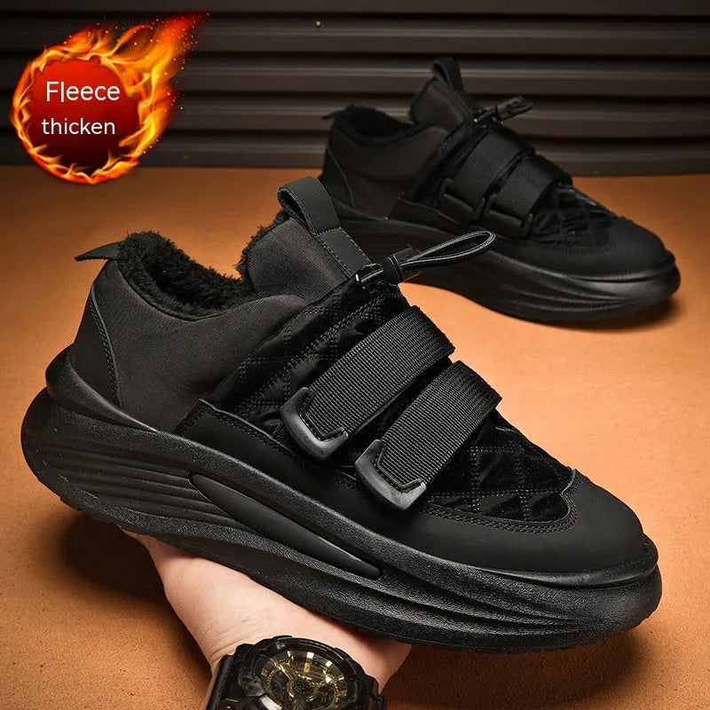 Men's black and gray platform sneakers with lace-up fastening and striped cotton upper on a white background