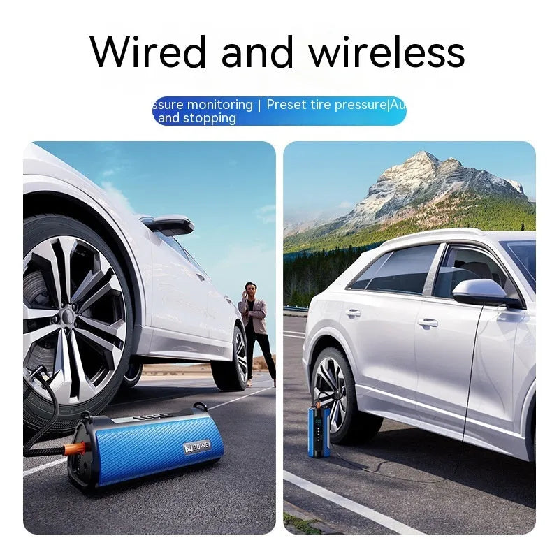 TS01 portable electric car tyre inflator with digital display, LED light, and hose on a grey background.