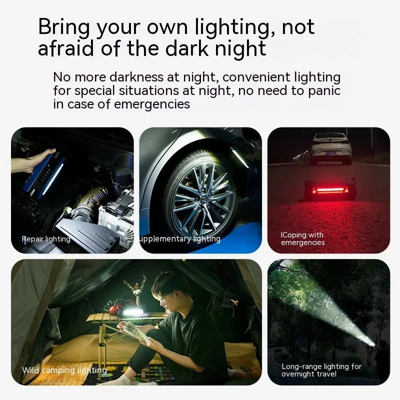 TS01 portable electric car tyre inflator with digital display, LED light, and hose on a grey background.