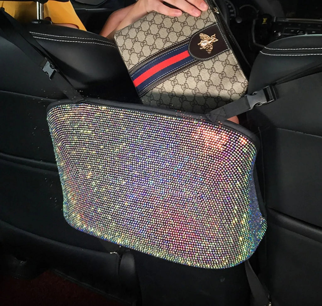 Crystal rhinestone car storage bag with multi-pockets on backseat