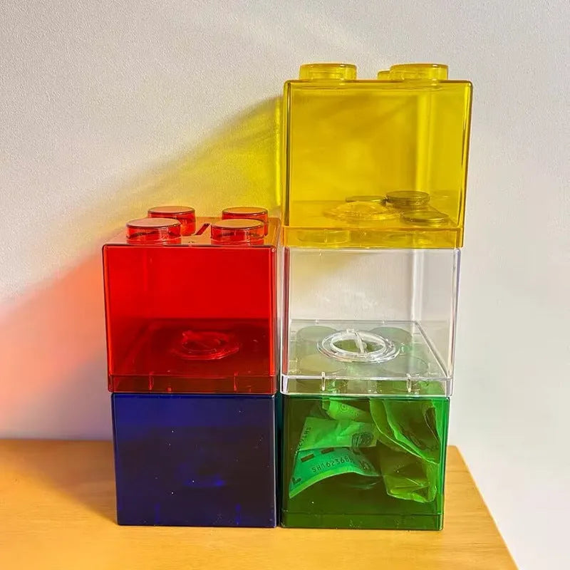Plastic building blocks piggy bank cube shape 9x9x8.8 cm five colours