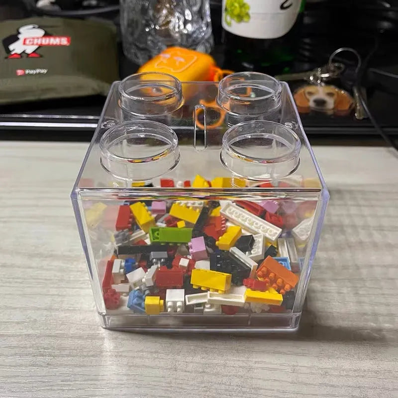 Plastic building blocks piggy bank cube shape 9x9x8.8 cm five colours