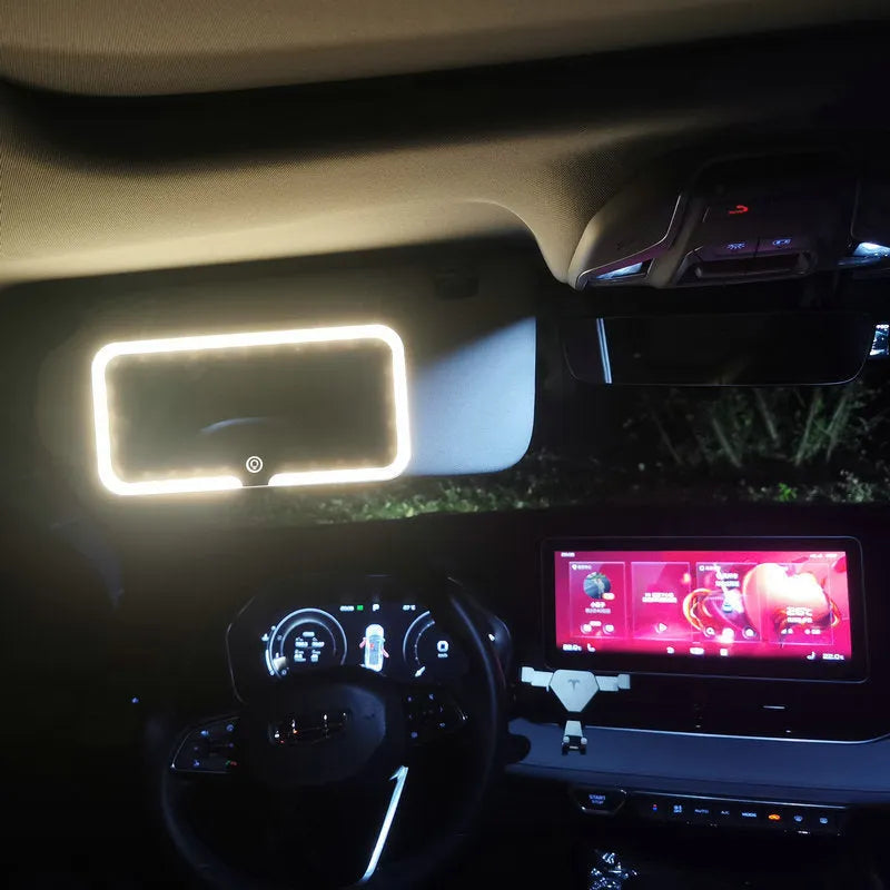 White ABS plastic car sun visor with LED light and aluminium makeup mirror.