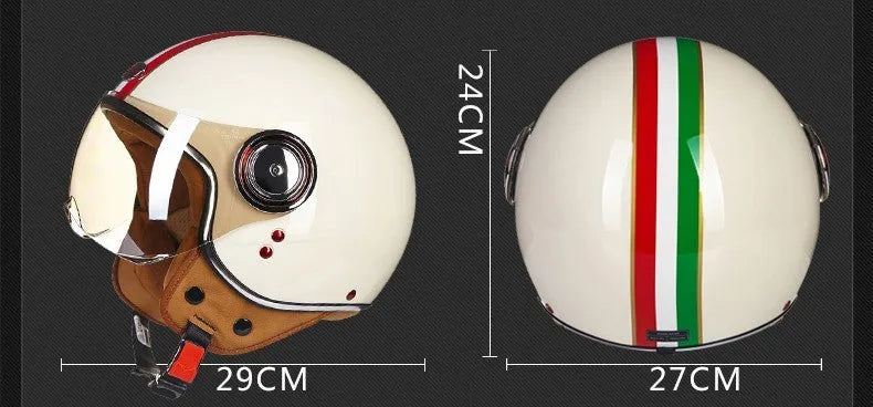 Scrambling half helmet in ABS plastic shown in white, red, and green colour options