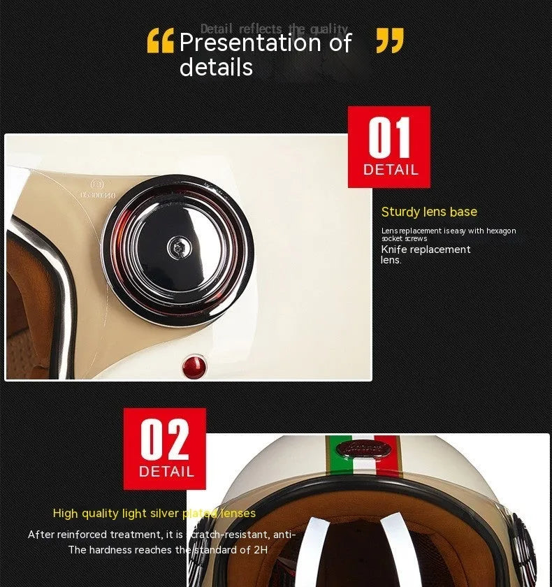 Scrambling half helmet in ABS plastic shown in white, red, and green colour options