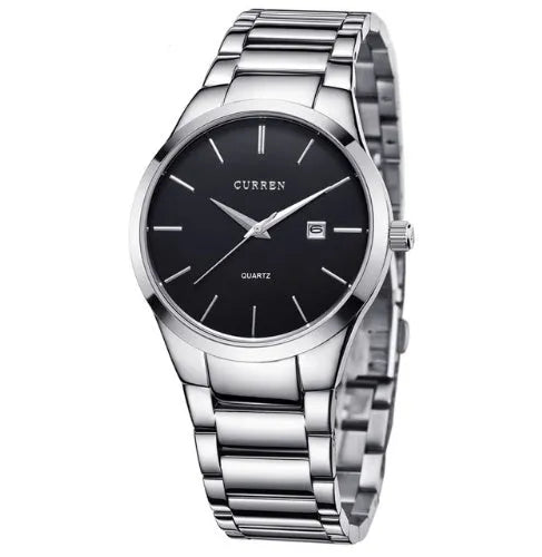 Men's analog quartz wristwatch with date display, 40mm dial, Hardlex crystal, black dial with silver bezel