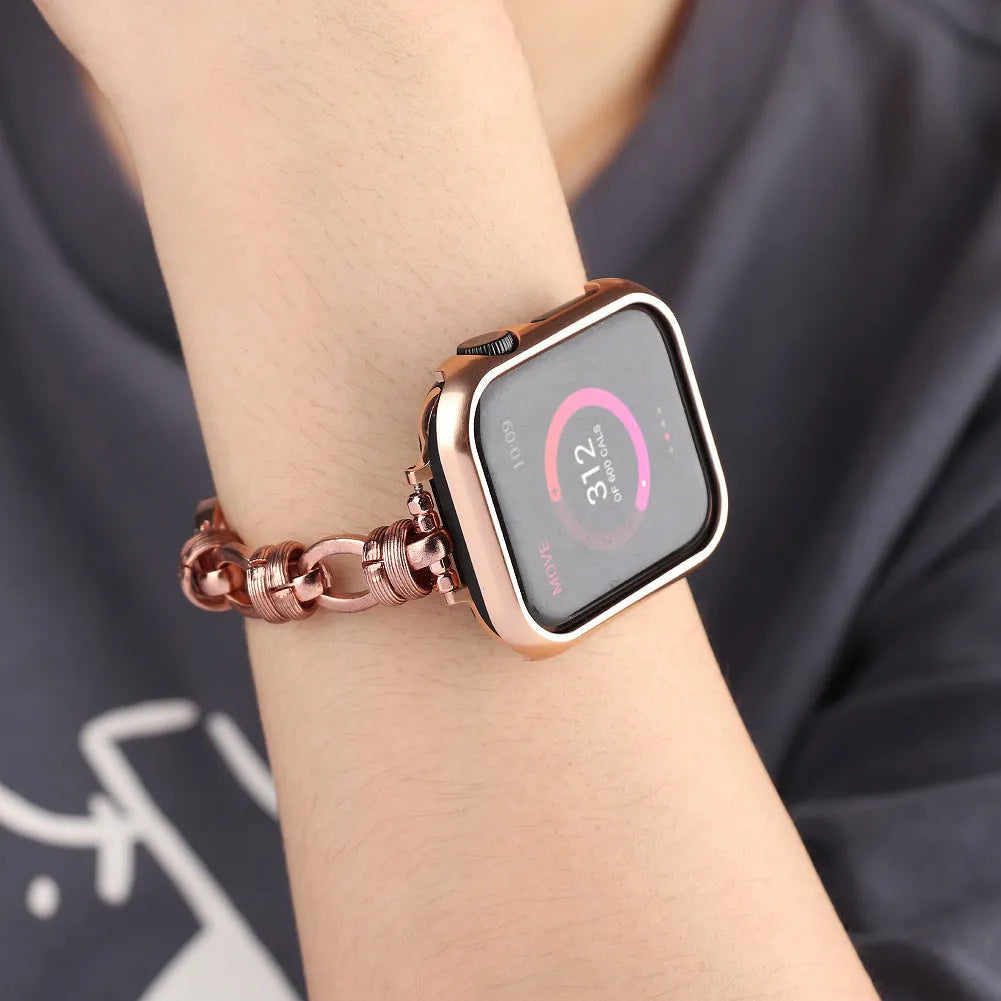 Stainless steel punk chain watch band for Apple Watch in silver finish on a wrist, showing chain links and custom connector