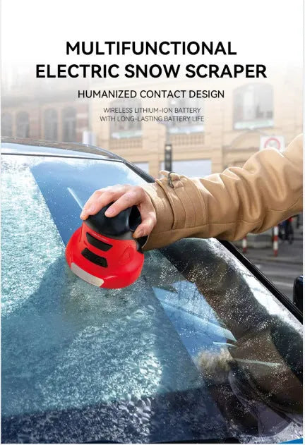 Blue plastic winter snow shovel and electric ice scraper car tool on white background