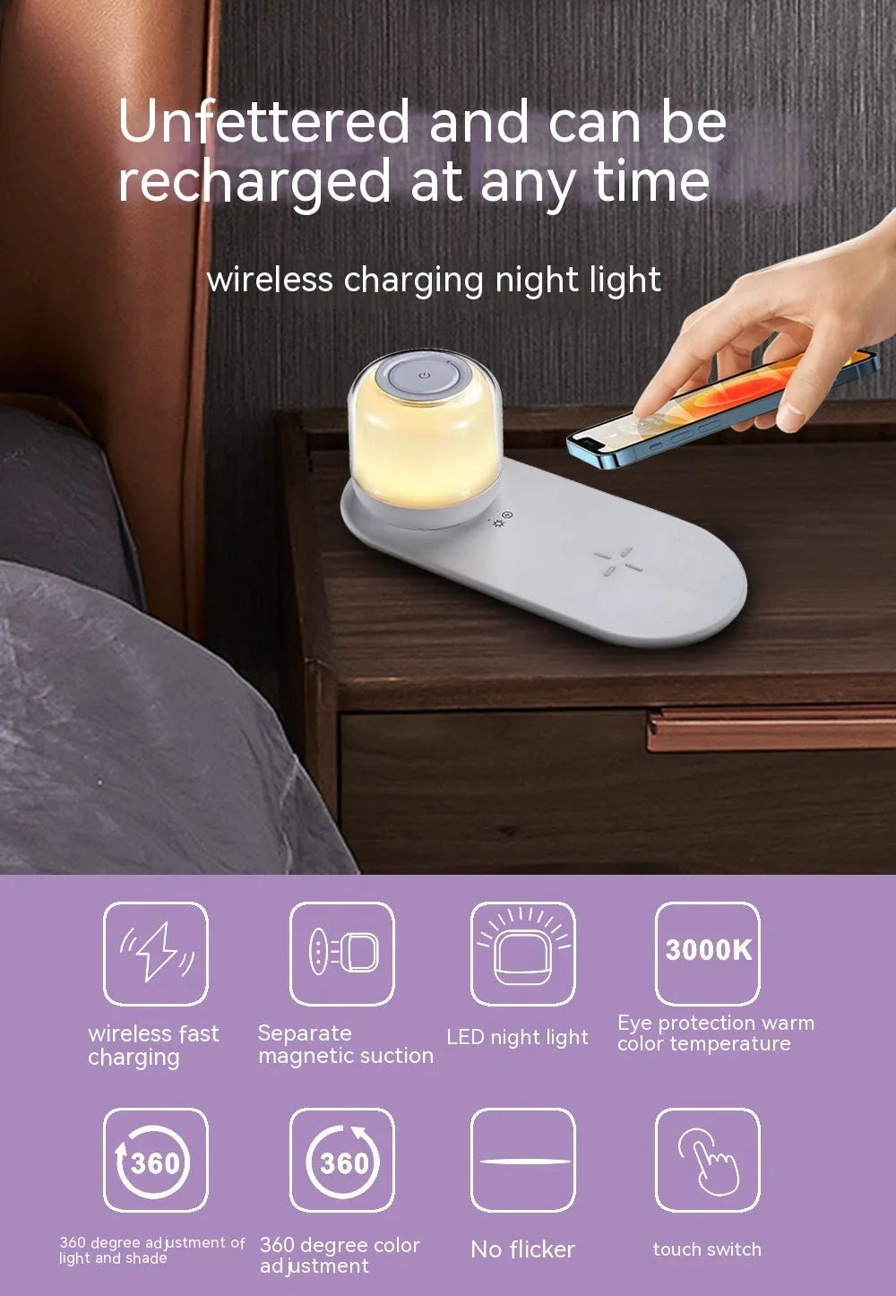 Fast charging wireless charger table lamp two-in-one with white finish, featuring 15W charging pad and warm night light on a wooden desk