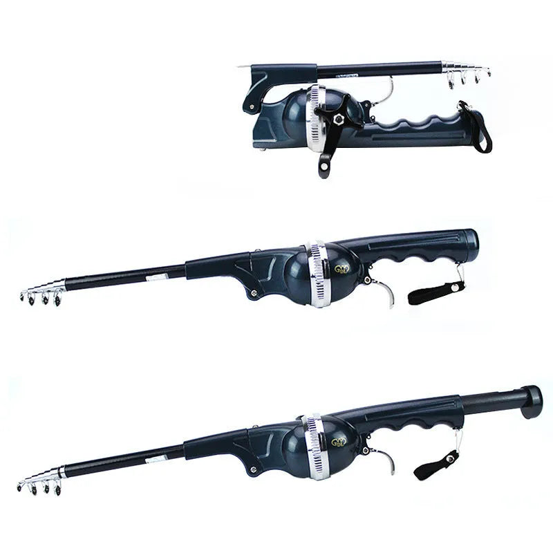 Foldable black fishing rod collapsed to 26.5cm showing built-in reel and epoxy resin construction
